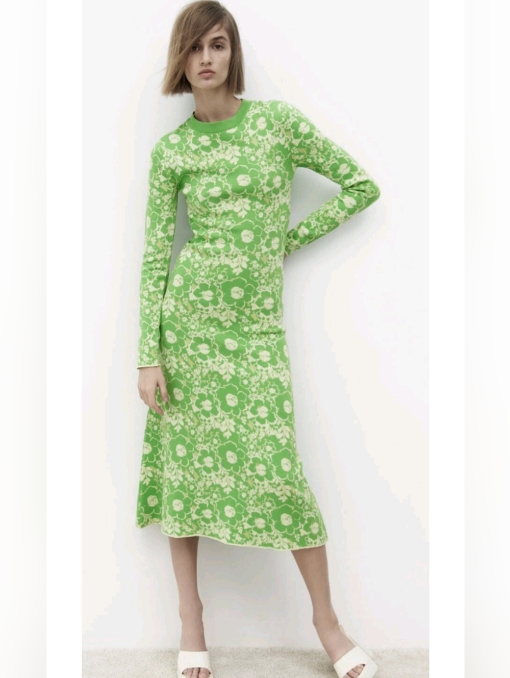 ZARA Lime GREEN FLORAL JACQUARD LONG Knit DRESS